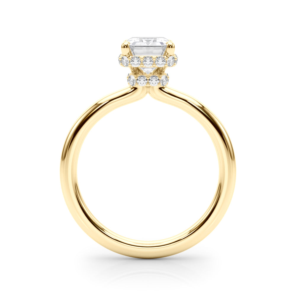 Side view of 2.00ct emerald cut lab diamond engagement ring in yellow gold with hidden halo detail, elegant and modern design.