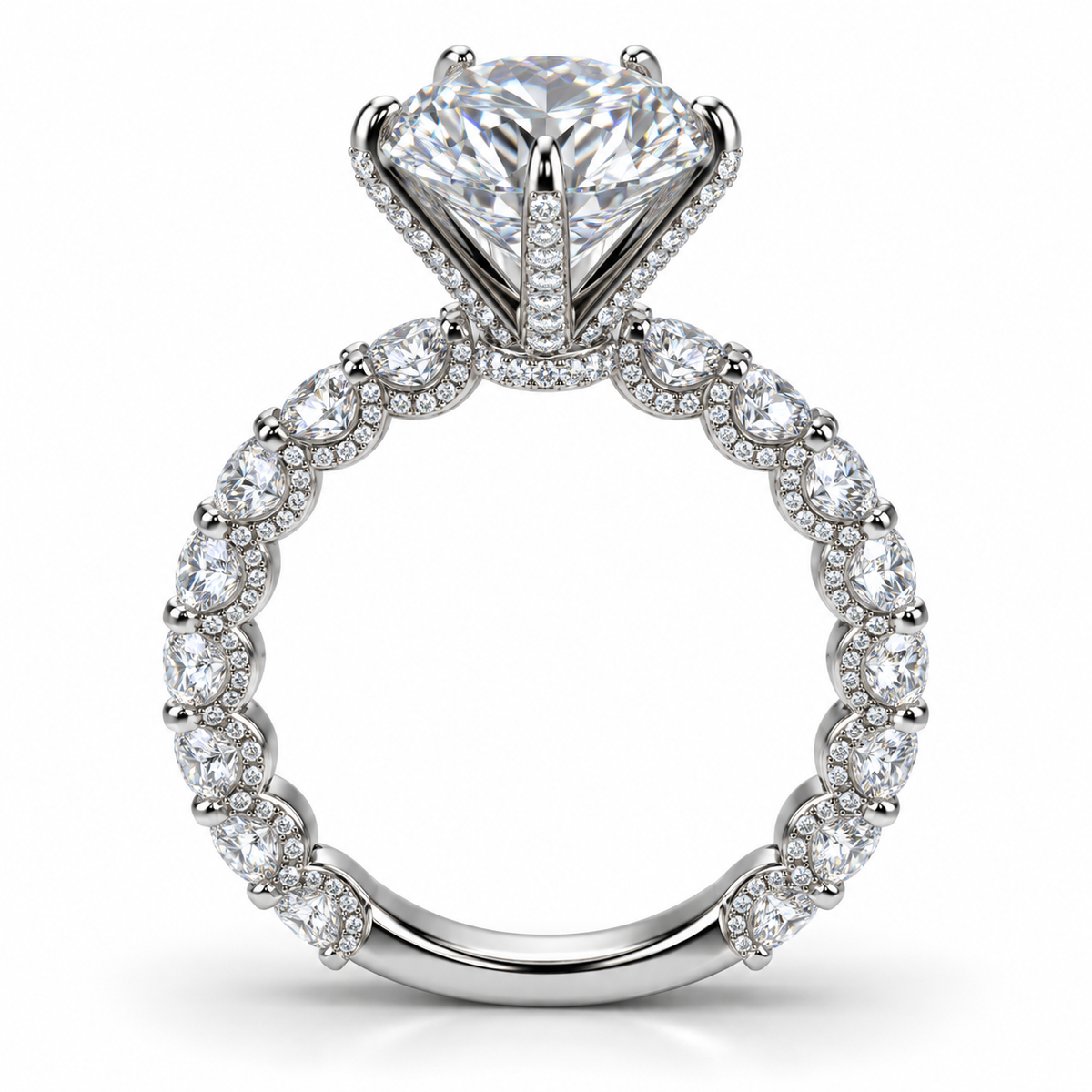 Side view of round diamond engagement ring showing micro pavé center prongs and diamond-set U-shaped shoulder supports.