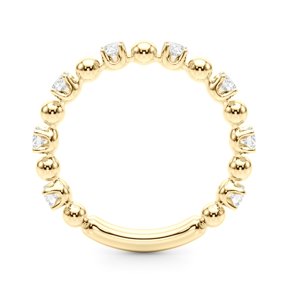 Top view of 14K yellow gold diamond beaded band, modern stackable anniversary ring style.