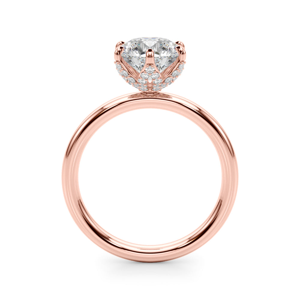 Top view of 6-prong floral diamond engagement ring in rose gold