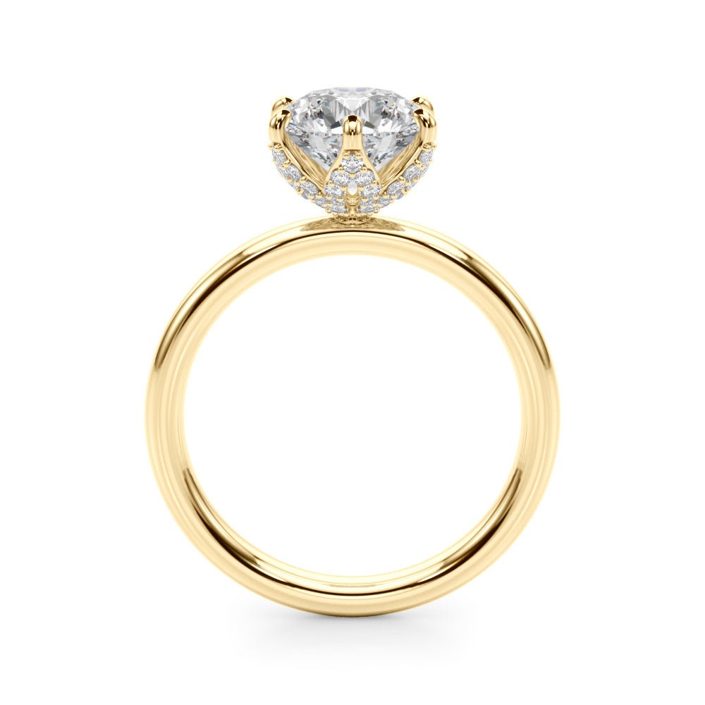 Top view of 6-prong floral diamond engagement ring in yellow gold