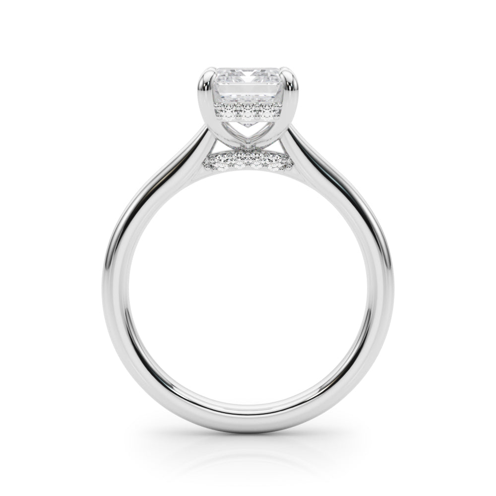 Top view of emerald cut lab-grown diamond hidden halo engagement ring