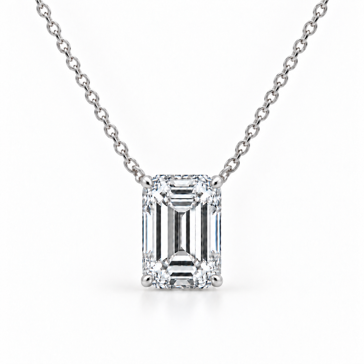 Emerald-cut lab-grown diamond solitaire necklace in 14K white gold, front view