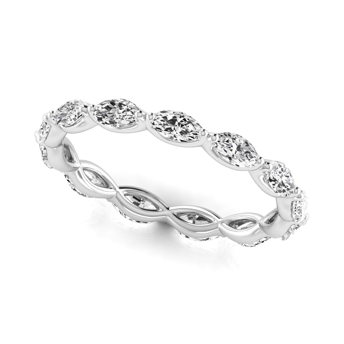 White gold marquise diamond eternity band tilted to show the diamonds and open gallery.