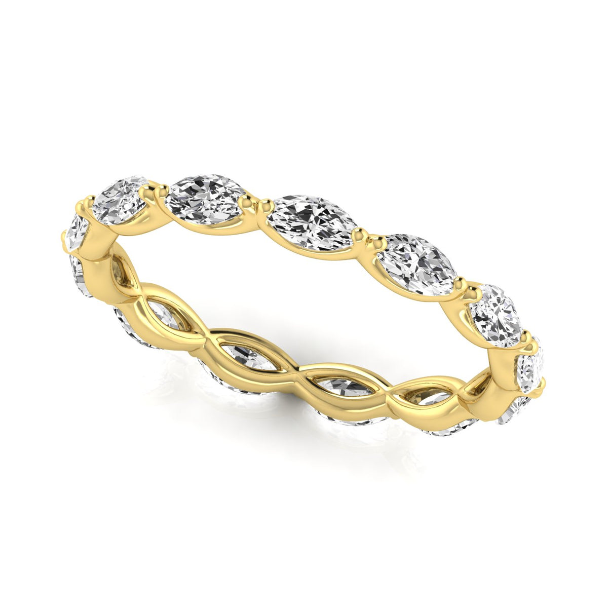 Yellow gold marquise diamond eternity band tilted to show the diamonds and open gallery.