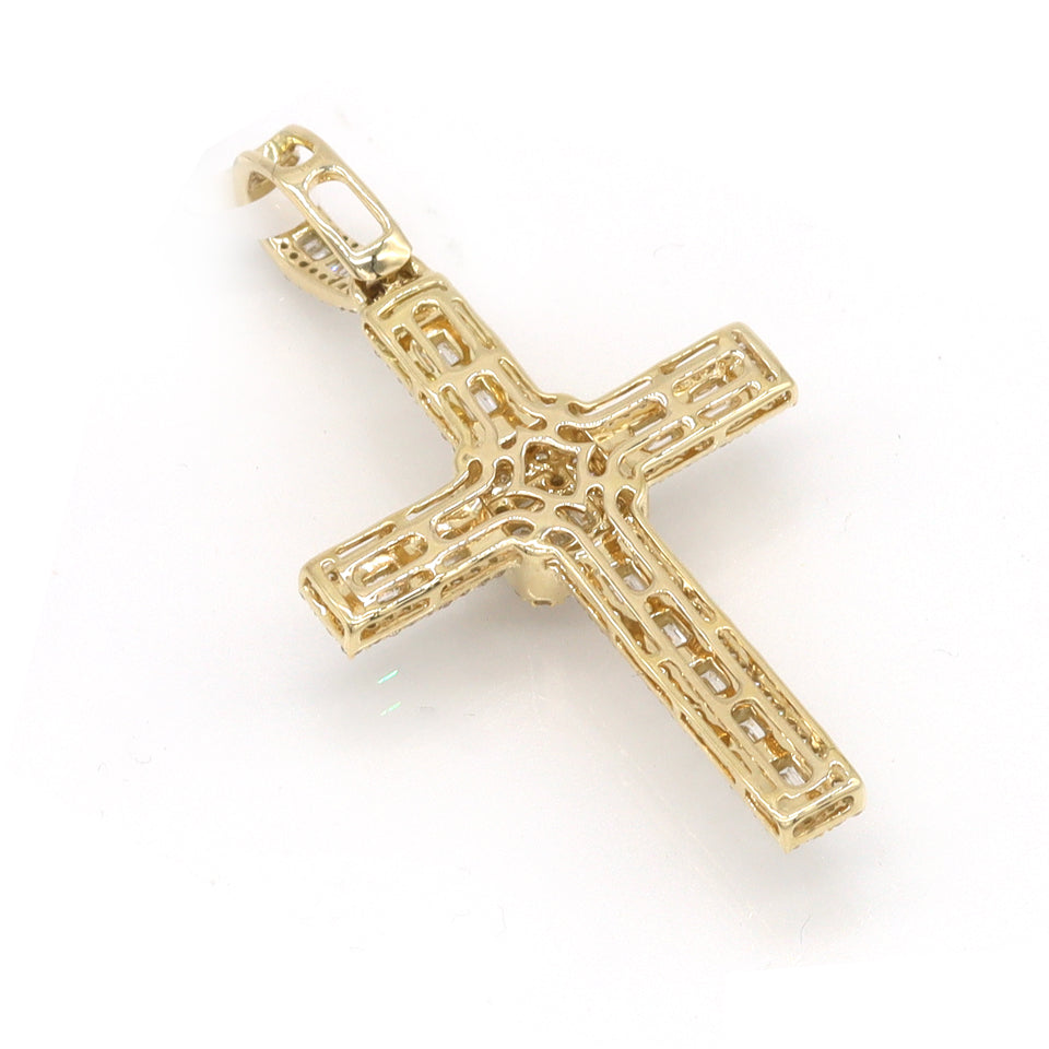 1.31 Carat F-VS Natural Round & Baguette Diamond Cross Pendant Solid 14k Gold - simonbjewels.co