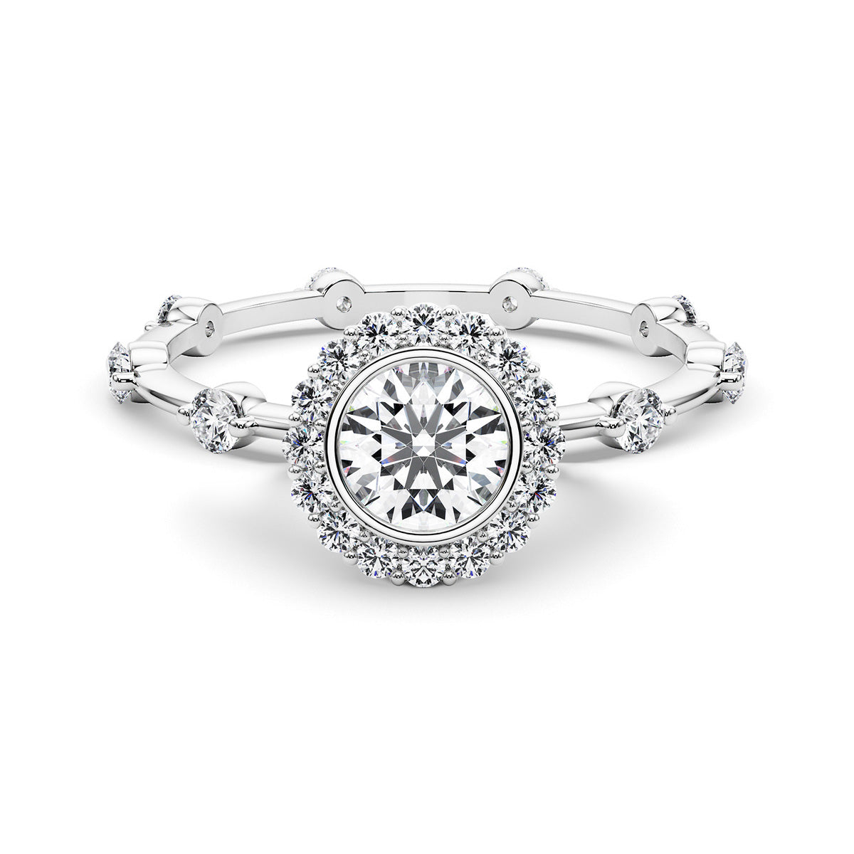 1.50ct lab grown bezel halo engagement ring in 14K gold with decorative diamond band.