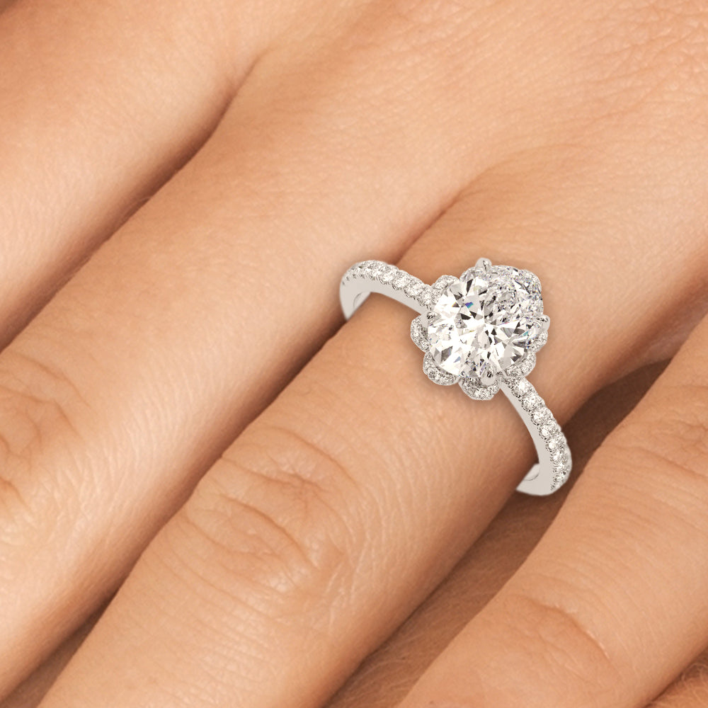 1.50ct Oval Brilliant Halo Flower Micropavé Diamond Engagement Ring Setting (0.25ctw) In 14k White Gold - simonbjewels.co