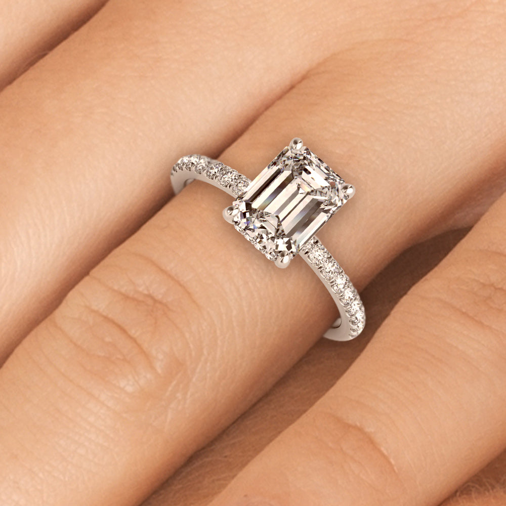 1.50 ct tw Emerald cut Diamond Hidden Halo Petite Engagement Ring Setting (1/4 ct tw) In 18k White Gold - simonbjewels.co