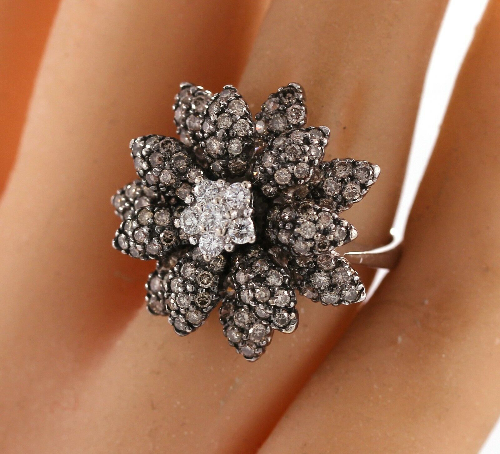 LeVian 14K White Gold Chocolate White Diamond Flower Cocktail Ring - simonbjewels.co