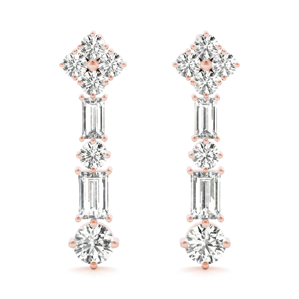2.30 Carat Round Brilliant Baguette Alternating Drop Earrings set in 14k Gold - simonbjewels.co