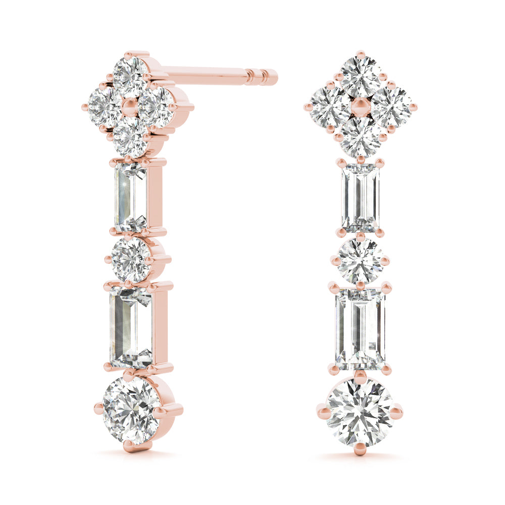 2.30 Carat Round Brilliant Baguette Alternating Drop Earrings set in 14k Gold - simonbjewels.co