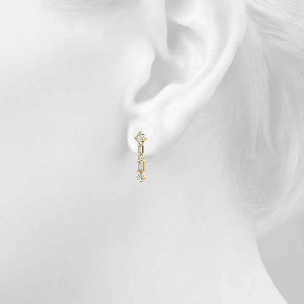 2.30 Carat Round Brilliant Baguette Alternating Drop Earrings set in 14k Gold - simonbjewels.co