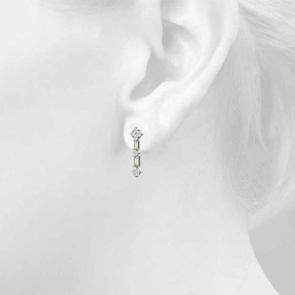 2.30 Carat Round Brilliant Baguette Alternating Drop Earrings set in 14k Gold - simonbjewels.co