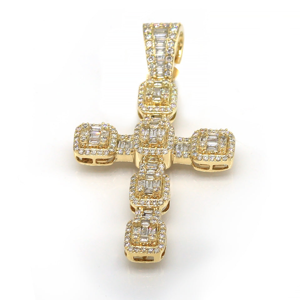 unisex diamond cross custom pendant 14k solid yellow gold round-cut baguette-cut prong setting diamond bale 3'' long 2'' wide
