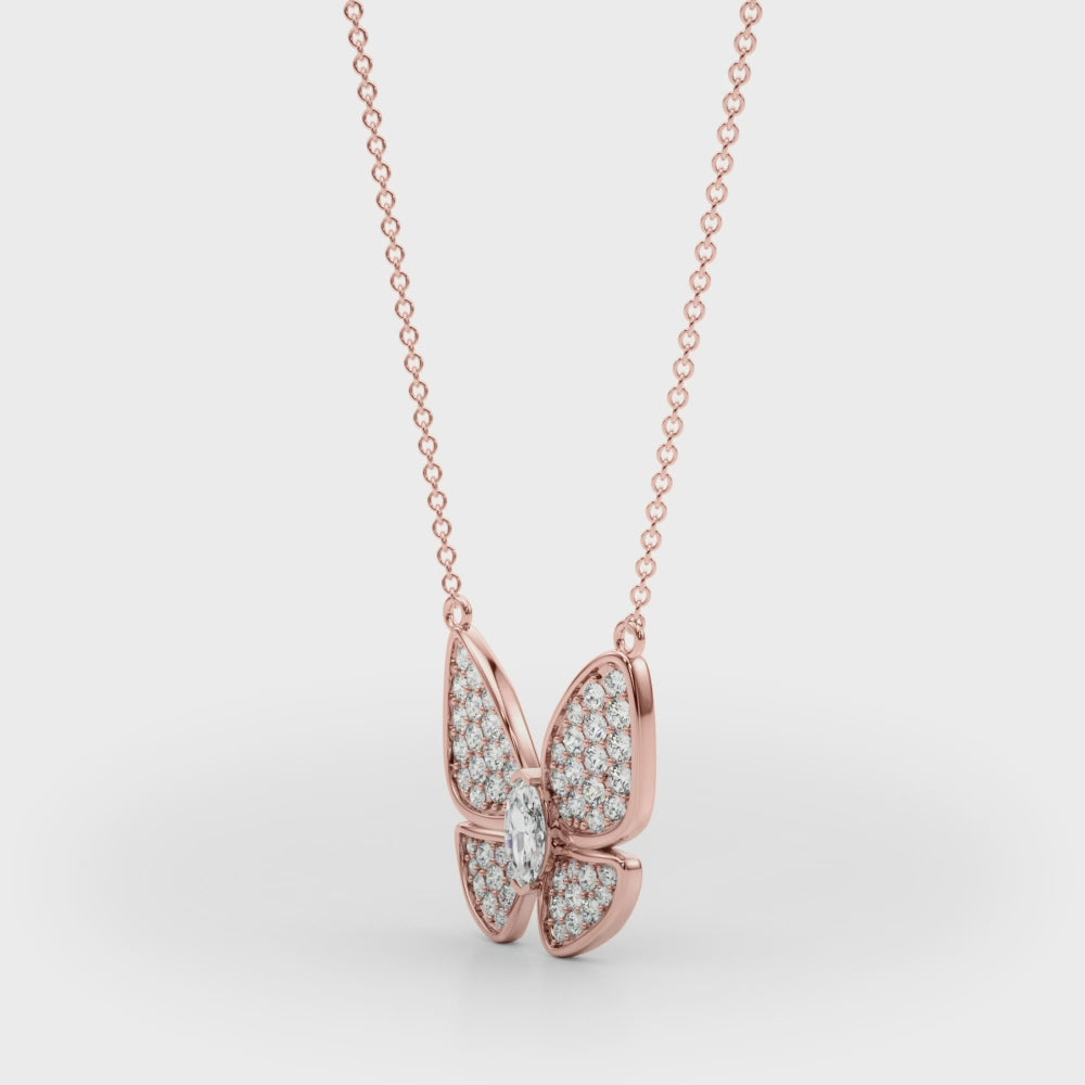 Marquise diamond butterfly necklace in 14k white gold, featuring intricate details and sparkling diamonds.