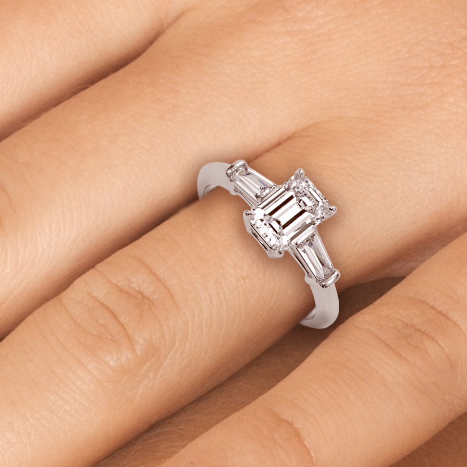 1 1/4 ct Emerald-cut Tapered Baguette Three Stone Diamond Engagement Ring Setting (0.50ctw) In 18k White Gold with 0.75 ct Matching wedding band - simonbjewels.co