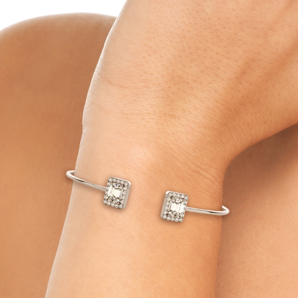 2.50 Carat Emerald Cut Diamond Halo Micropave Flex Bangle Bracelet (0.30ct) set in 14k Gold - simonbjewels.co