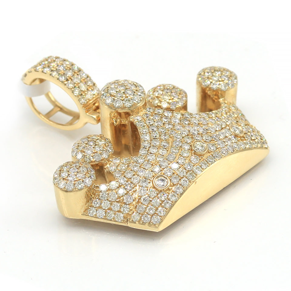 large crown shaped pendant solid yellow gold  micro pave set diamonds 2 inches wide 1.75 inches long 4 carats natural diamonds