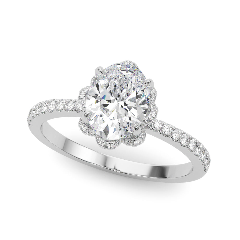 1.50ct Oval Brilliant Halo Flower Micropavé Diamond Engagement Ring Setting (0.25ctw) In 14k White Gold - simonbjewels.co