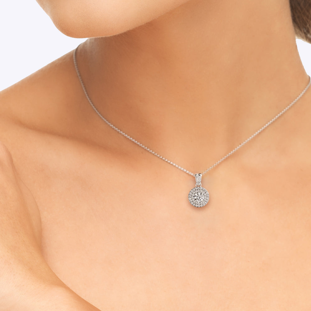 3/4 ct tw Round cut Diamond Double Halo Solitaire Pendant Set (1/3 ct tw) In 14k White Gold - simonbjewels.co