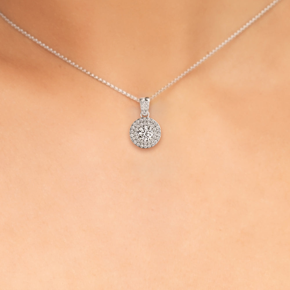 3/4 ct tw Round cut Diamond Double Halo Solitaire Pendant Set (1/3 ct tw) In 14k White Gold - simonbjewels.co