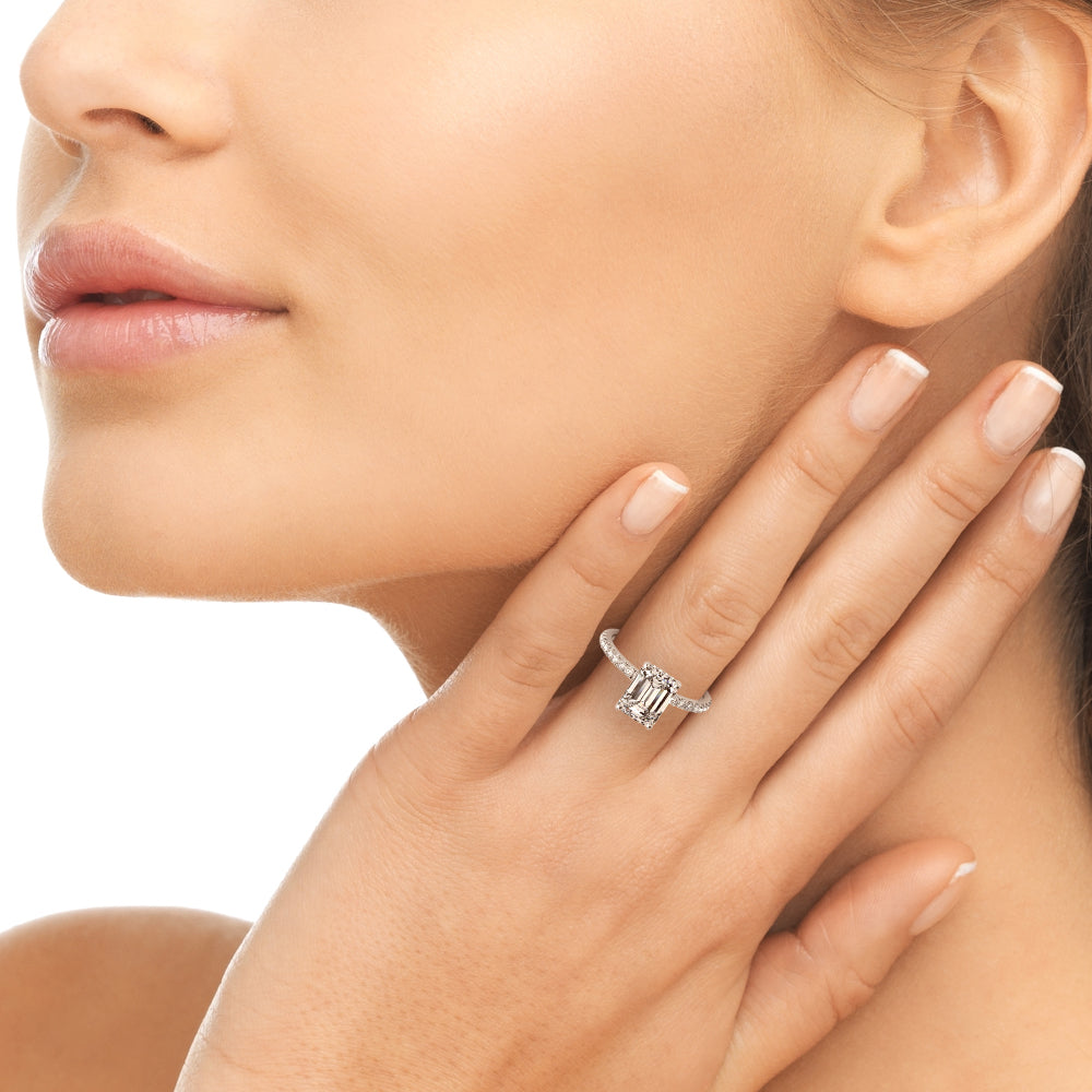 1.50 ct tw Emerald cut Diamond Hidden Halo Petite Engagement Ring Setting (1/4 ct tw) In 18k White Gold - simonbjewels.co