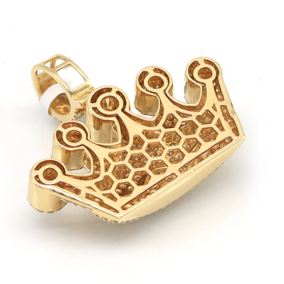 large crown shaped pendant solid yellow gold micro pave set diamonds 2 inches wide 1.75 inches long 4 carats natural diamonds
