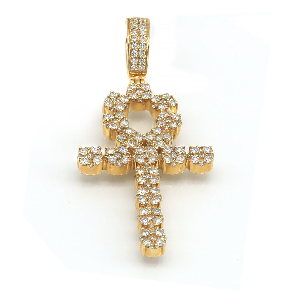 center view key of life pendant diamond cross unisex 14k solid yellow gold natural earth mined 3'' long 2'' wide high polished finish prong set