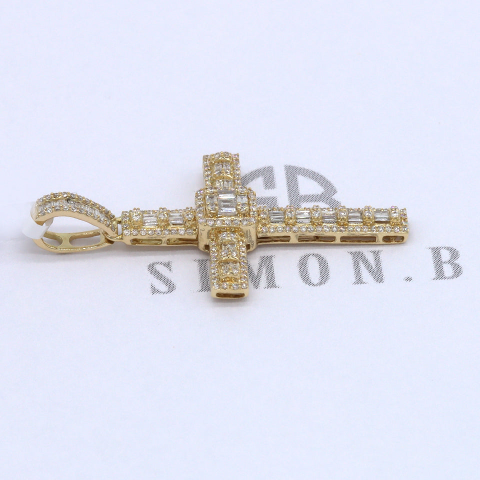 1.31 Carat F-VS Natural Round & Baguette Diamond Cross Pendant Solid 14k Gold - simonbjewels.co