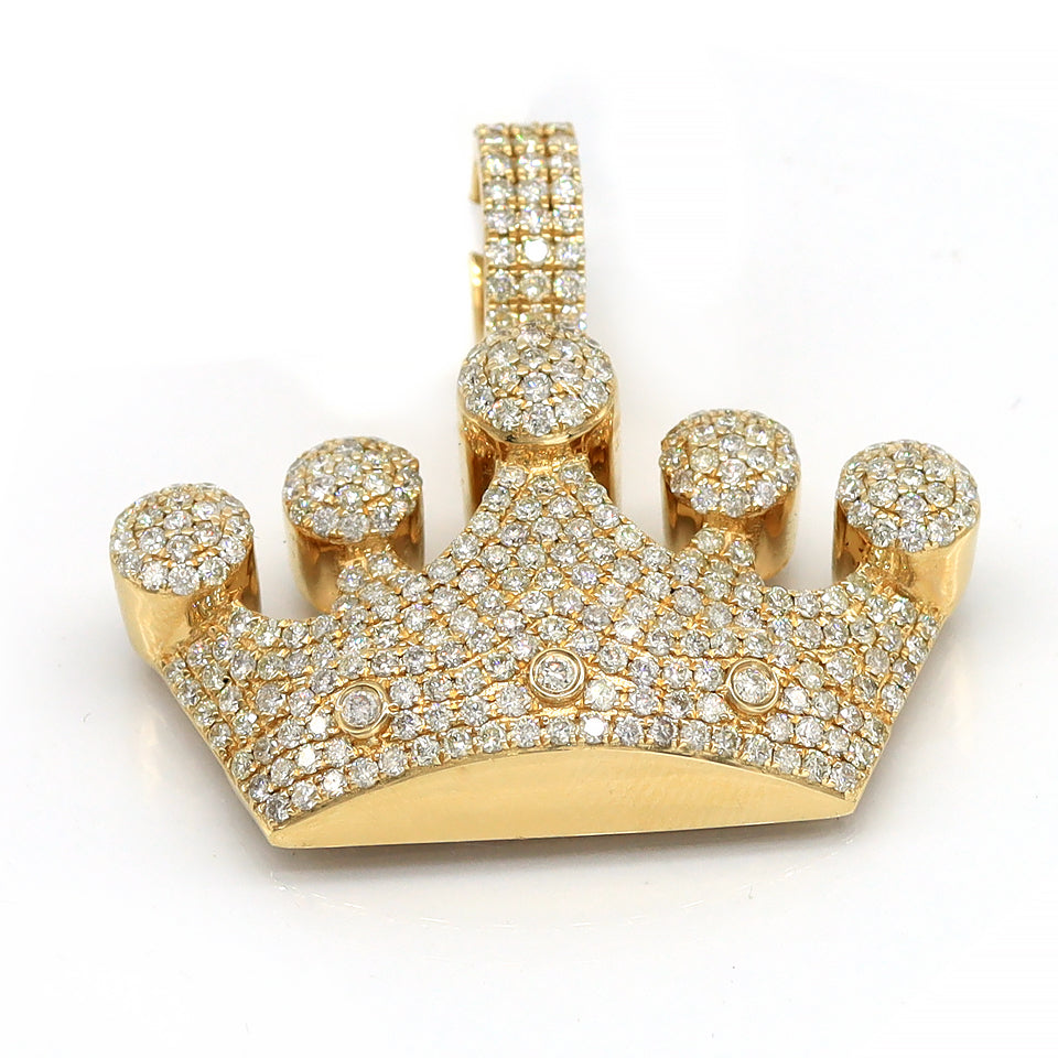 large crown shaped pendant solid yellow gold  micro pave set diamonds 2 inches wide 1.75 inches long natural diamonds