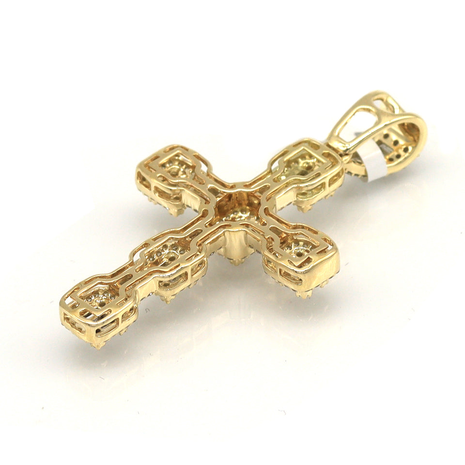 back view of a unisex diamond cross custom pendant 14k solid yellow gold round-cut baguette-cut prong setting diamond bale 3'' long 2'' wide