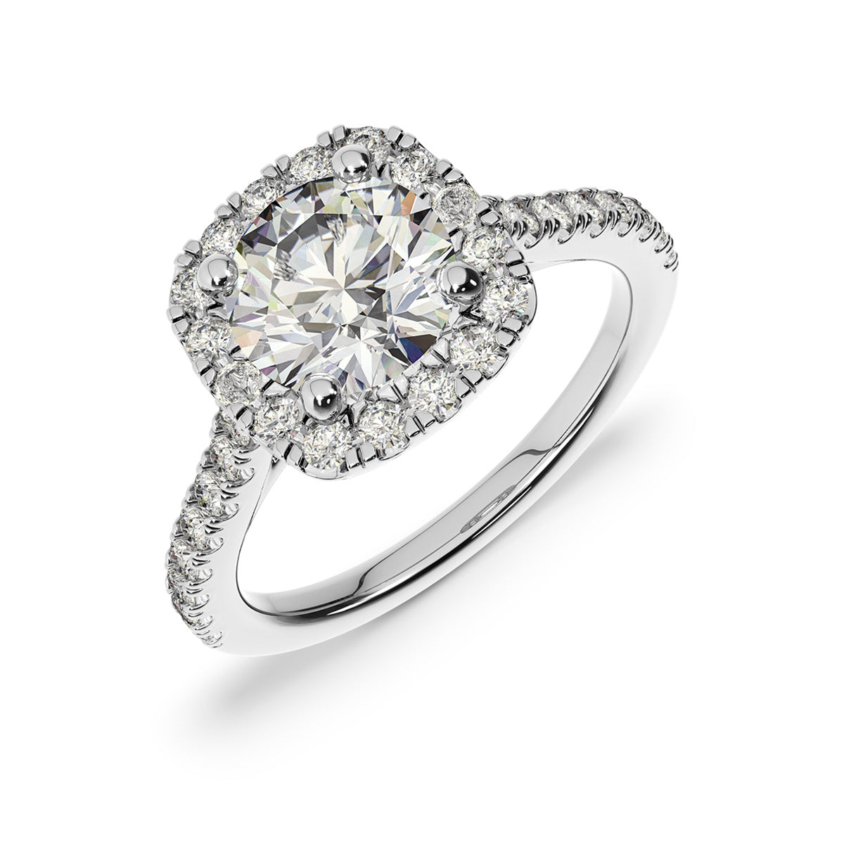 2.00ct Round Brilliant Micro-Pave Cushion Halo Diamond Engagement Ring Setting (0.50ctw) In 14k White Gold - simonbjewels.co