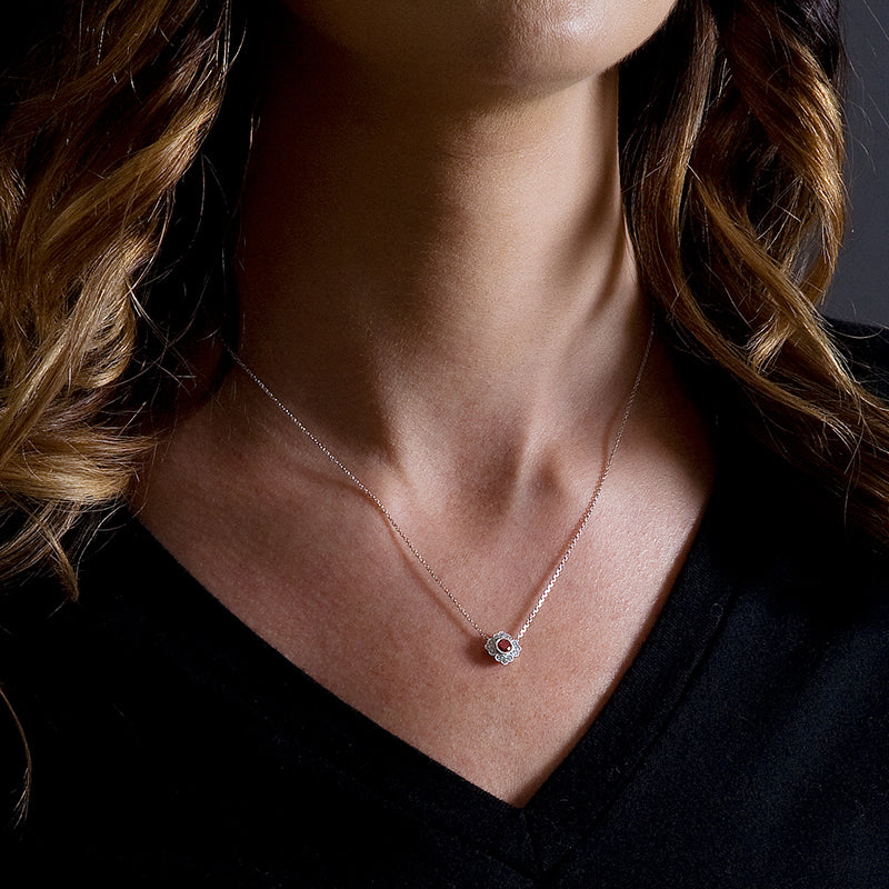 Oval shaped Ruby and Round cut Diamond Necklace pendant set in 14k White Gold - simonbjewels.co