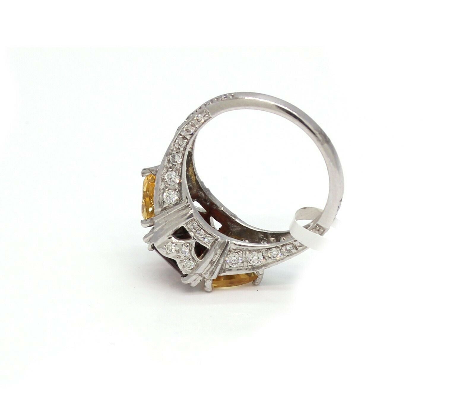 Garnet citrine three-stoner vintage diamond filigree ring 0.50ct 14k white gold - simonbjewels.co