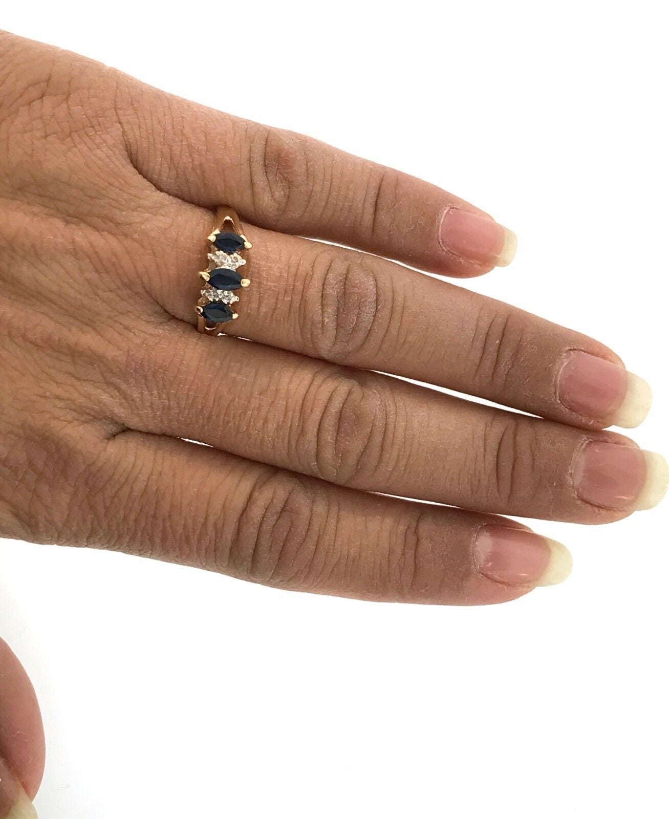 14k yellow gold blue sapphire and diamond cocktail ring band size 6.25 - simonbjewels.co