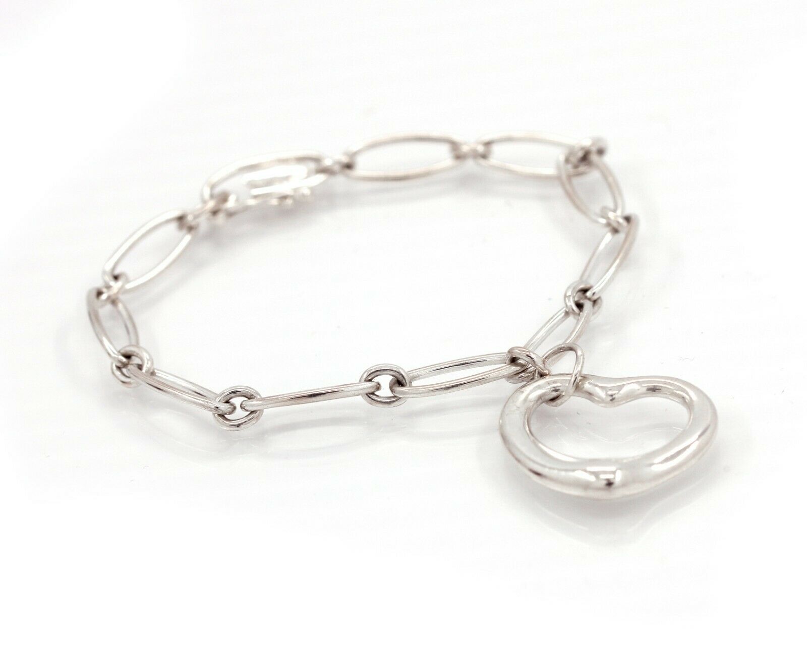 Tiffany & Co. Silver Elsa Peretti Open Heart Paper Clip Link Bracelet 7" - simonbjewels.co