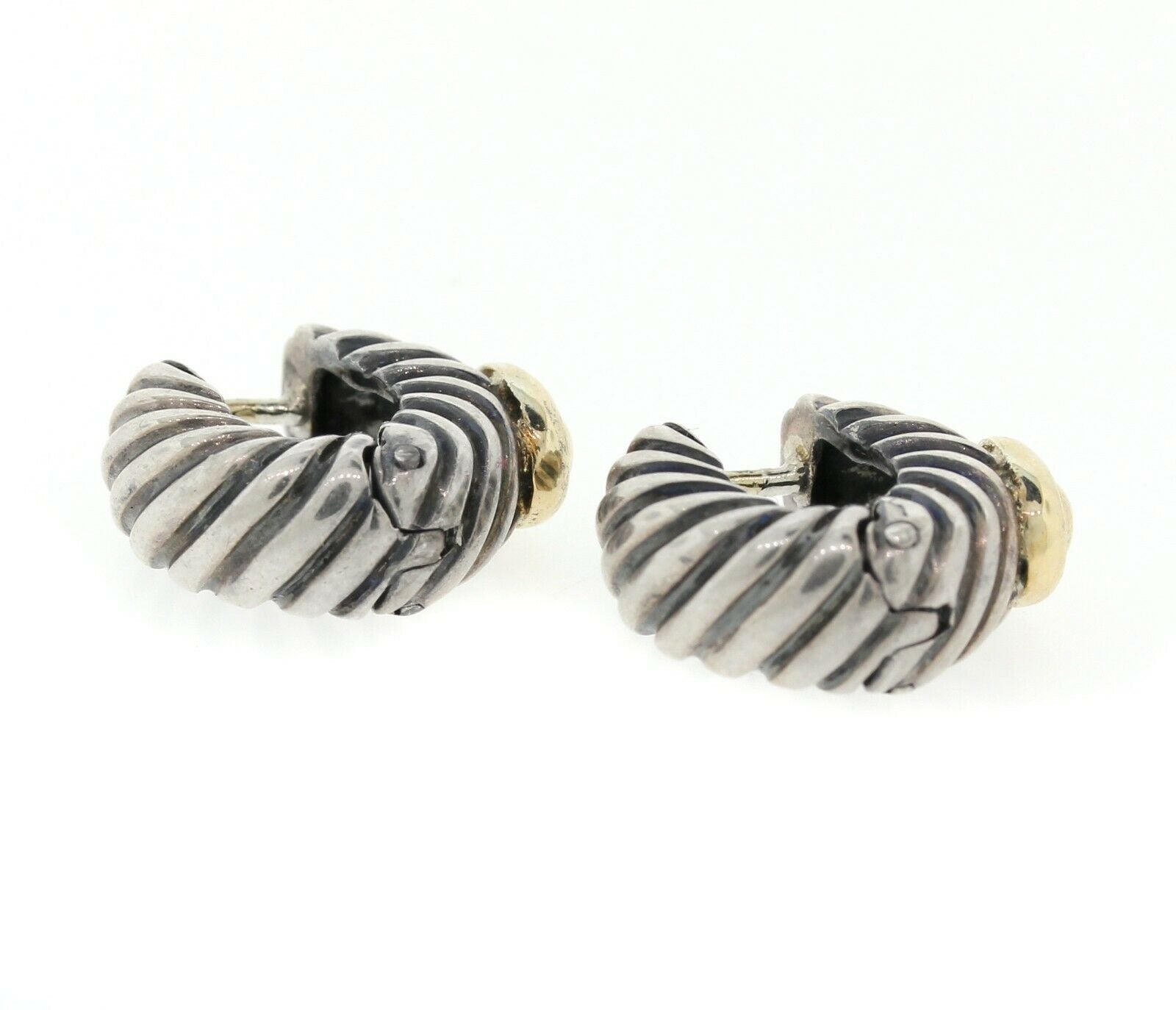 Vintage Alisa Italian 18K Yellow Gold Silver Grooved Domed Huggie Earrings - simonbjewels.co