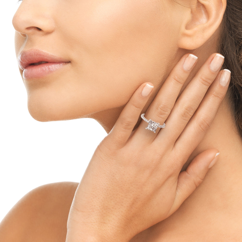 1.35 ct tw Princess cut Diamond Hidden Halo Petite Engagement Ring Setting (1/4 ct tw) In 18k White Gold - simonbjewels.co