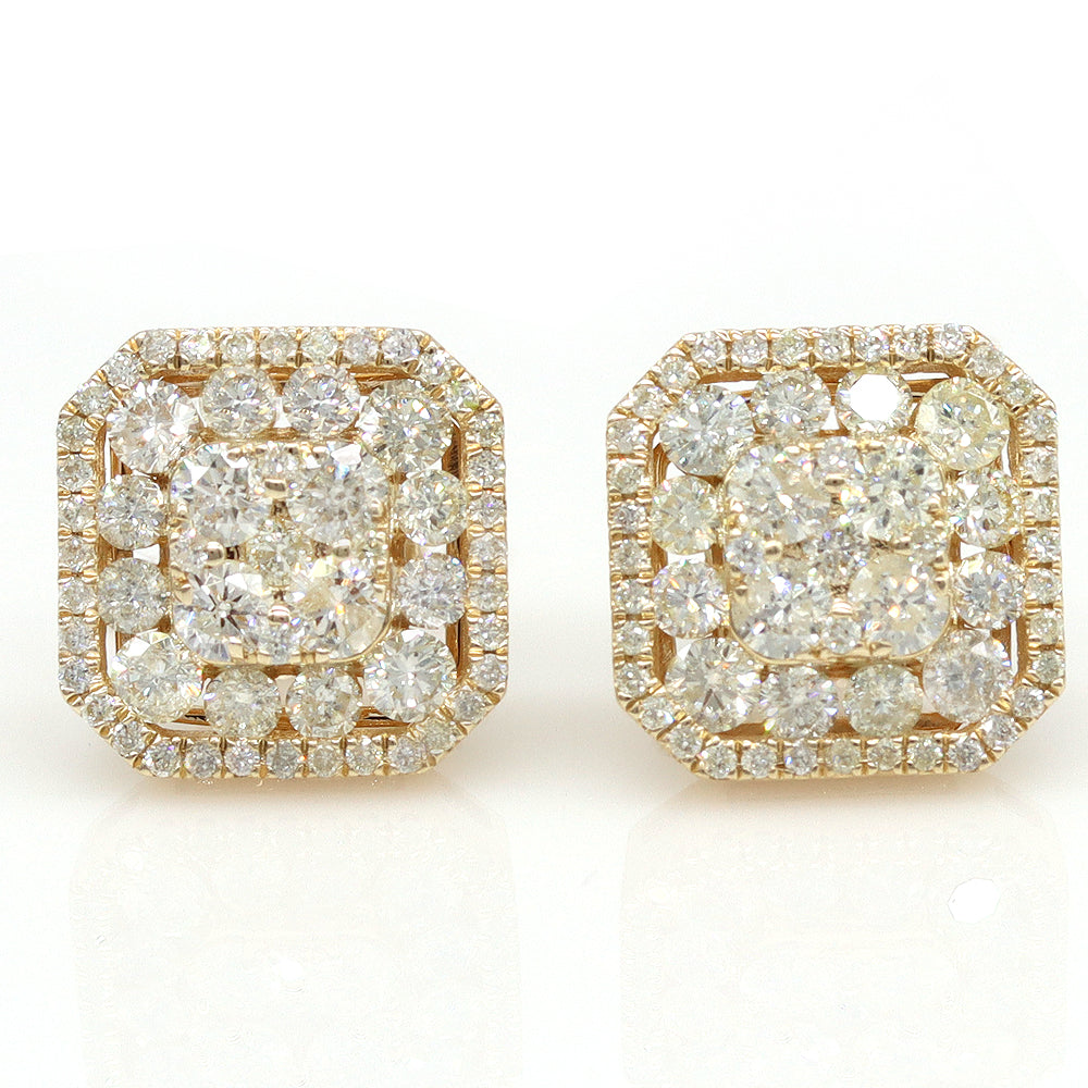 cluster round diamond earrings set in 14k yellow gold