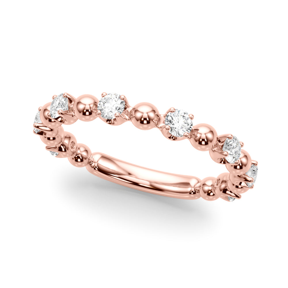 14K rose gold lab diamond beaded eternity ring, side angle showing brilliance and soft tone.