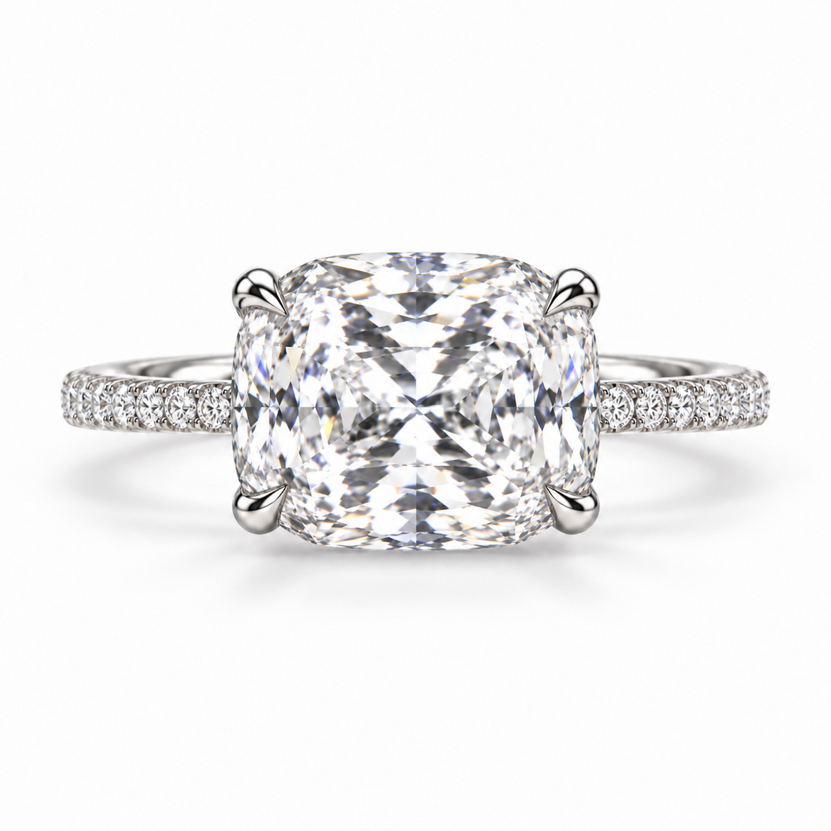 4.50 Carat Lab Grown East-West Cushion Diamond Engagement Ring | Hidden Halo, 14K Gold