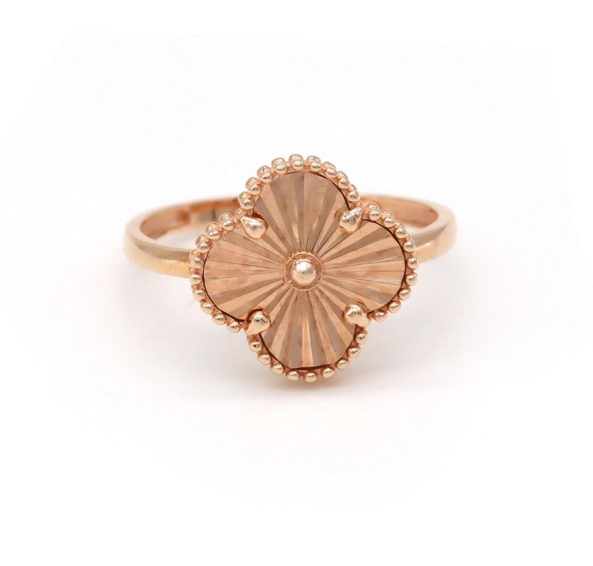 Clover Ring 14K Rose Gold - Sunburst Medallion Beaded Edge Statement Ring