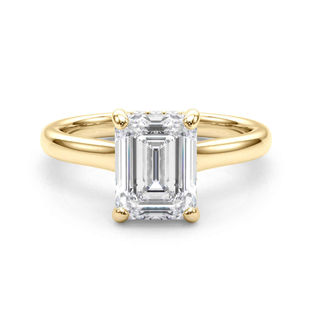 4.00 carat emerald cut lab-grown diamond hidden halo engagement ring in 14k yellow gold