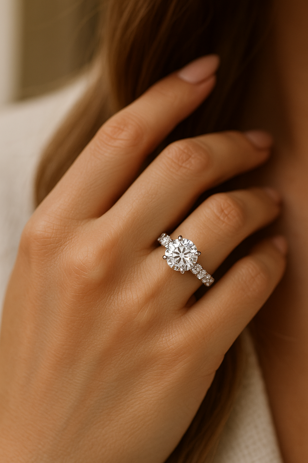 4.00ct lab grown diamond engagement ring in 14K gold on a woman’s hand with almond-shaped nails, lifestyle close-up touching her hair, IGI certified lab grown diamond center with side stones.
