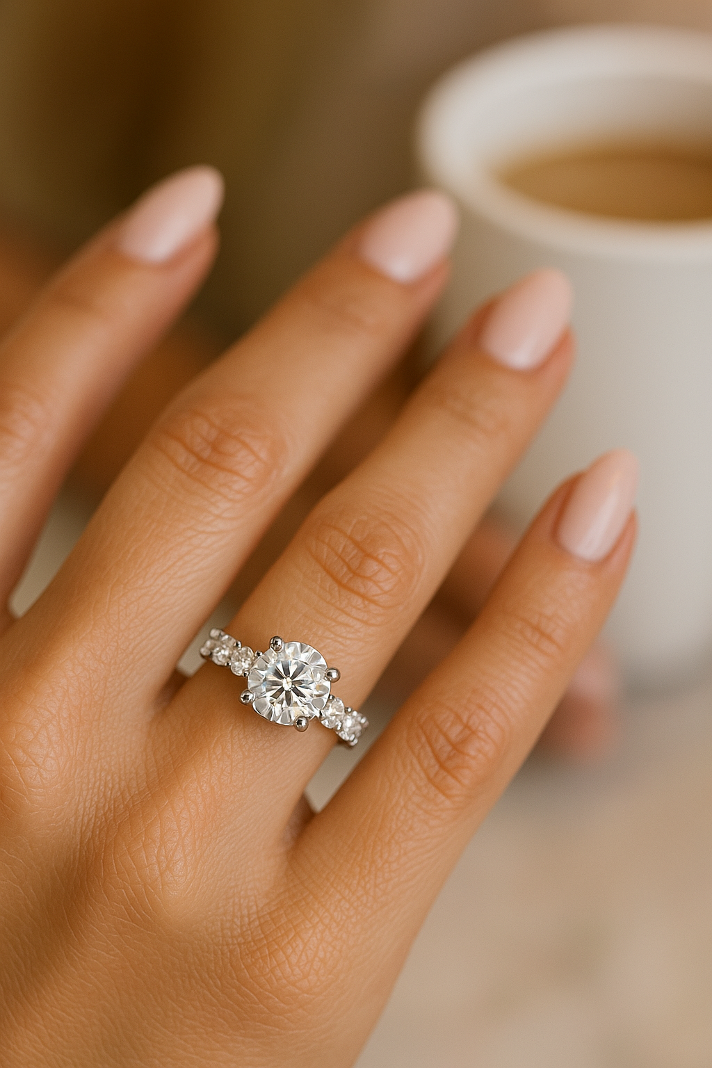 4.00ct lab grown diamond engagement ring in 14K gold on a woman’s hand with almond-shaped nails, lifestyle close-up while holding a coffee cup, IGI certified center stone sparkling.