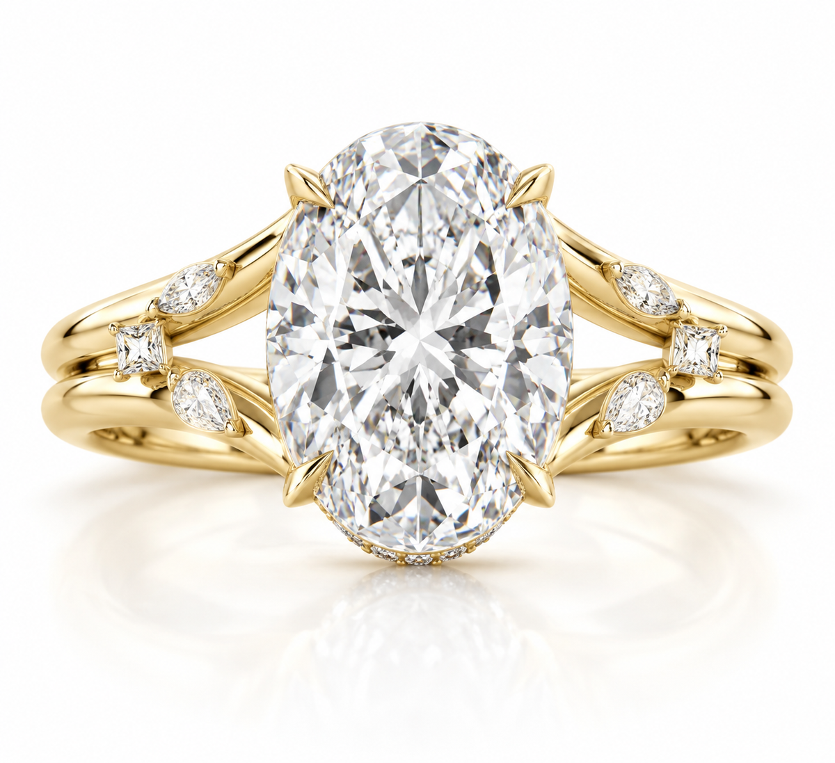 5.00 Carat Oval Lab-Grown Diamond Split Shank Engagement Ring in 14K Yellow Gold with Fancy-Cut Side Stones – Simon B Jewels

