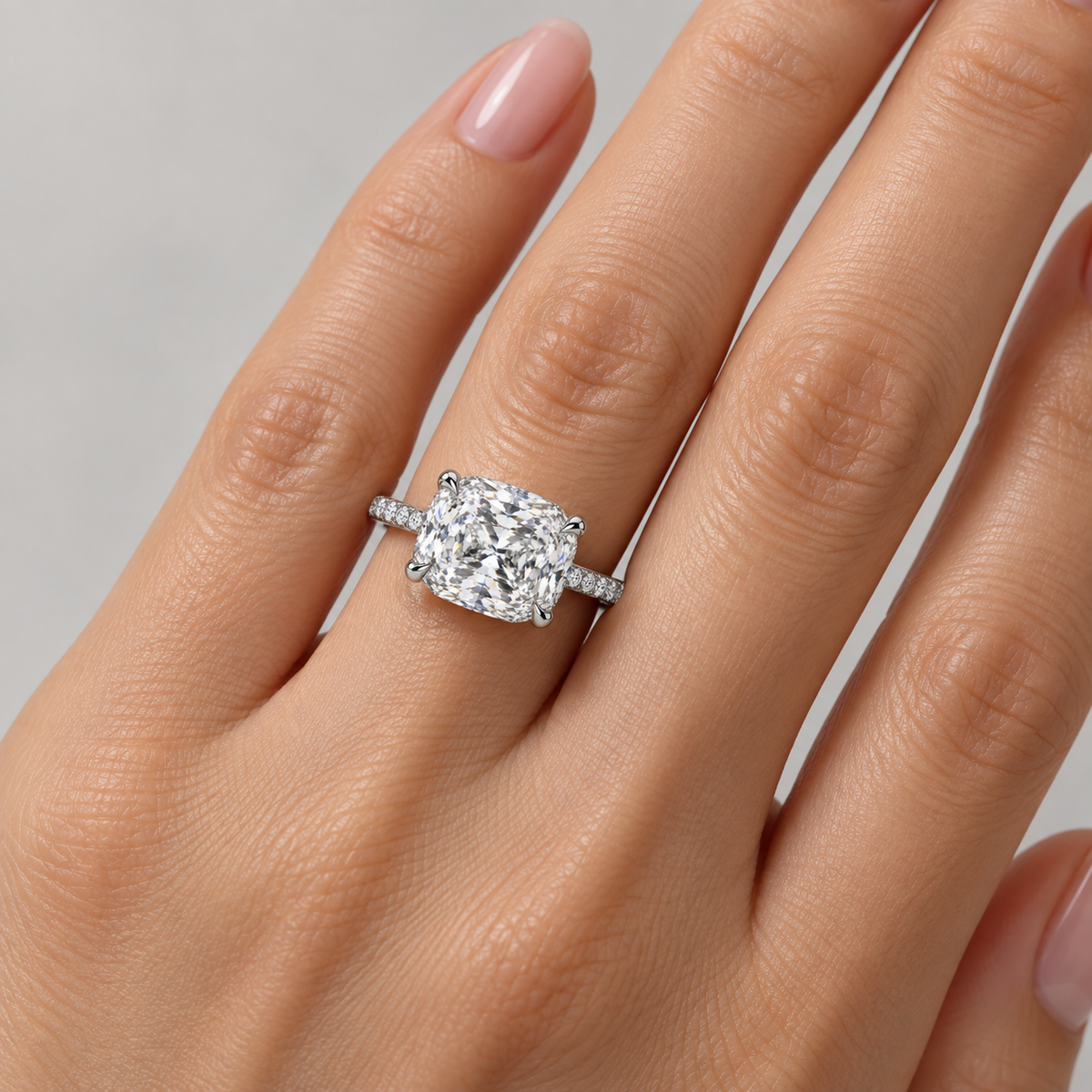 4.50 Carat Lab Grown East-West Cushion Diamond Engagement Ring | Hidden Halo, 14K Gold