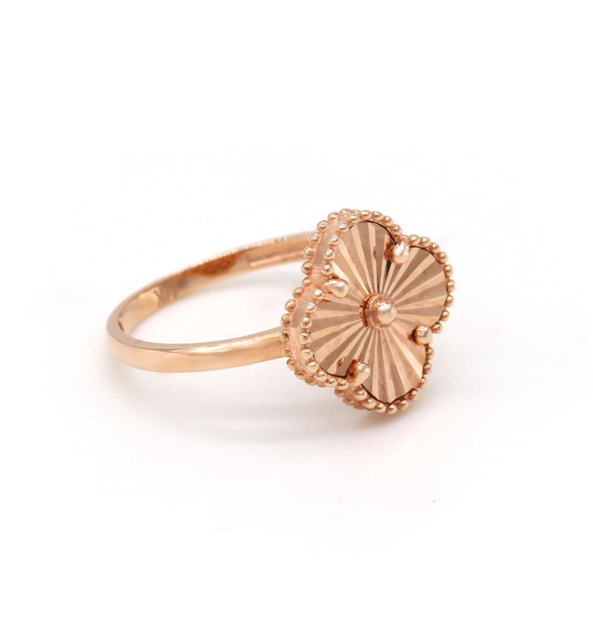 Clover Ring 14K Rose Gold - Sunburst Medallion Beaded Edge Statement Ring