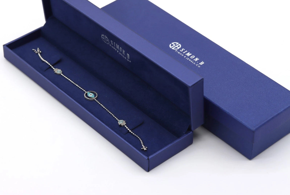 0.40ct Natural Diamond Hamsa Evil Eye Bracelet 14K White Gold Blue Enamel Pavé Protection Jewelry 7 Inch